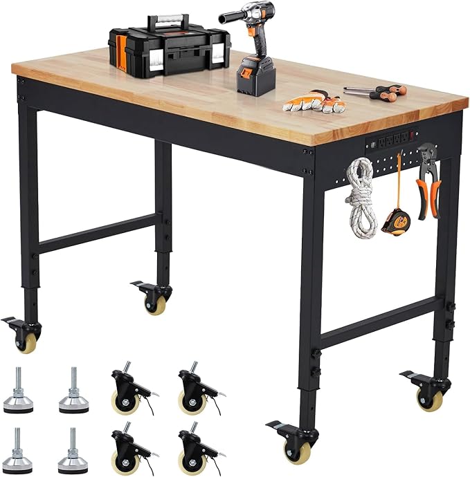 TrailBlaze 60" x 22" Workbench, Heavy Duty Rubber Wood Top Workbench with Power Outlet & 4 Lockable Wheels, Adjustable Height Work Table for Home Garage Workshop - 2000lbs Load Capacity