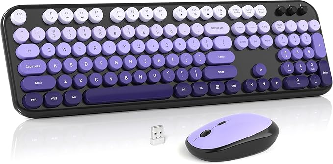 Wireless Keyboard and Mouse Combo, MOWUX Colorful Computer Full Size 2.4G Plug and Play Wireless Typewriter Keyboard and Mouse Set for Computer, Desktop, PC (Black Purple Gradient)