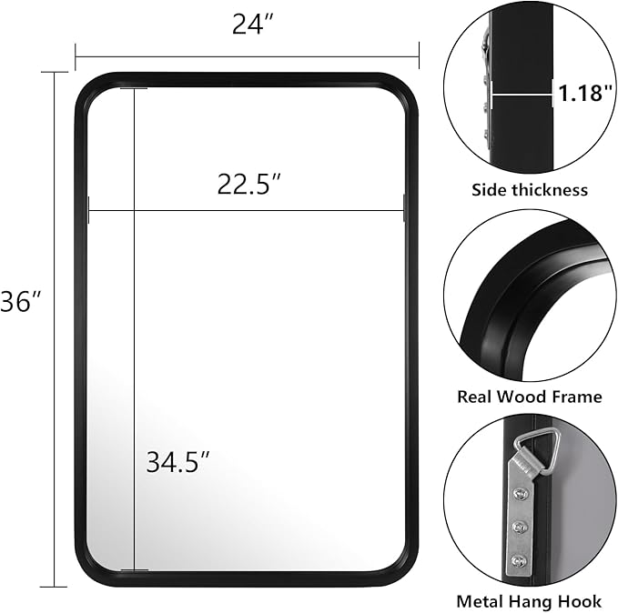 WallBeyond 24x36 Inch Wood Mirror for Bathroom, Wooden Frame Wall Mirror Farmhouse Wall Mounted Rectangle Mirror for Vanity (Horizontal/Vertical Black Color)