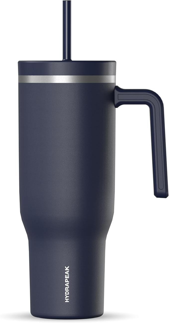 Hydrapeak Voyager 40 Oz Stainless Steel Tumbler with Handle, Insulated Water Bottle With Straw & Lid, Cupholder Friendly Reusable Travel Mug (Navy)