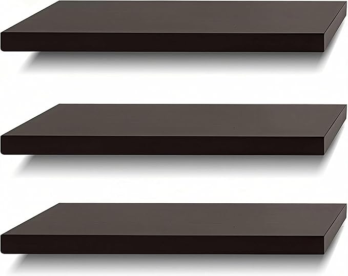 SAUMONIERES Floating Shelves Wall Shelf Solid Wood for Bathroom Bedroom Kitchen Set of 3, Espresso Wall Shelves