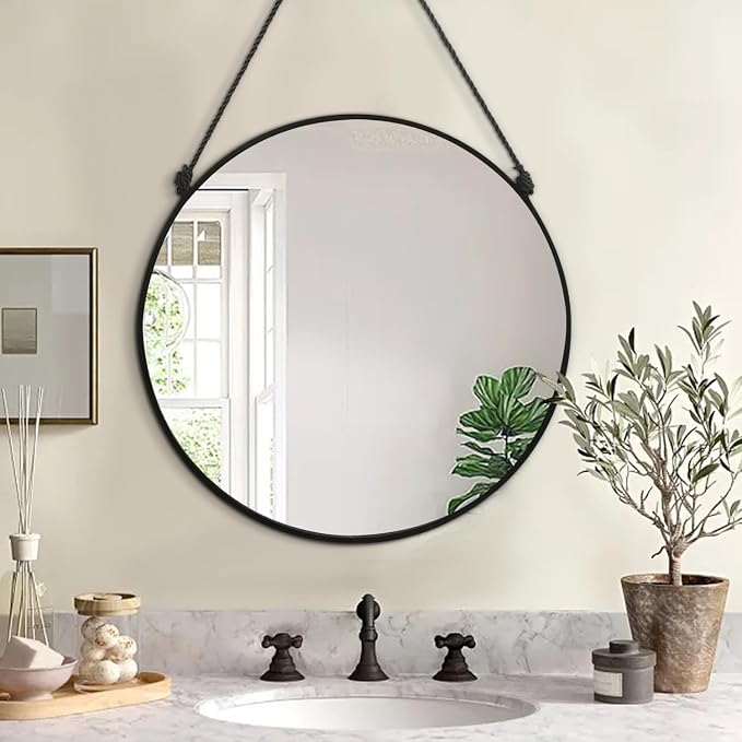 Circle Hanging Wall Mirror - Black Round Mirror, 16 Inch, Modern Home Decor for Bathroom, Living Room, Bedroom, Entryway, Hallway, Washroom, Dorm