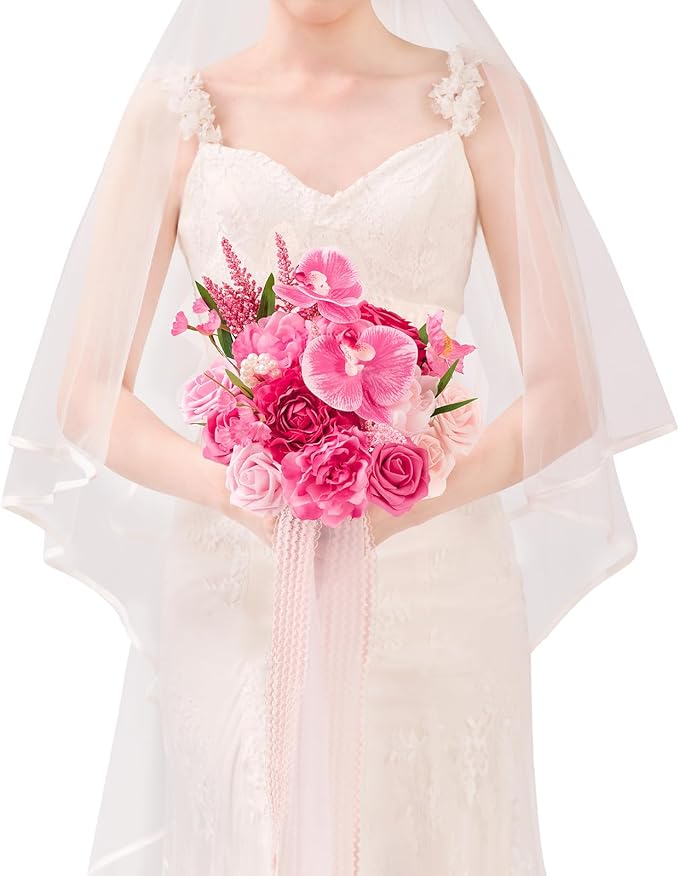 TINGE TIME 9 Inch Artificial Bridal Bouquet, Cascading Wedding Bouquet for Wedding Ceremony and Anniversary (Hot Pink)