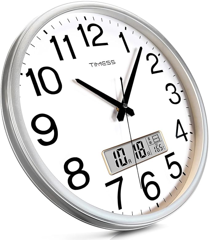 TIMESS Wall Clock, 13 Inch Non-Ticking Silent Battery Operated Quartz Analog with LCD Display for Perpetual Calendar and F° Temperature, Ideal Modern Home, Bedroom, Kitchen, Office Décor (Sliver)