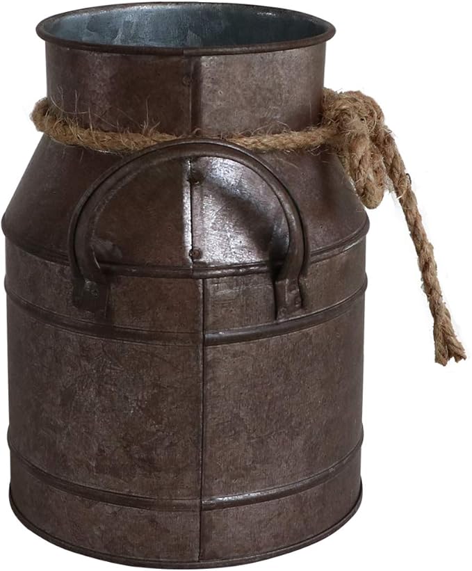 HyFanStr Shabby Chic Metal Flower Vase Rust Painted Decor Milk Can Bucket Country Primitive Jug Farmhouse Decoration Small