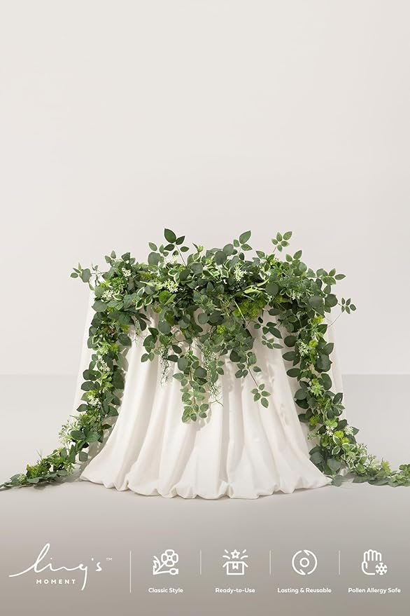 Ling's Moment 9FT Flower Garland for Backdrop Decorations - Wedding Arch Flowers, Eucalyptus & Rose, Artificial Floral Garland for Mantle - Sweetheart Table Decor for Beach Reception, Green