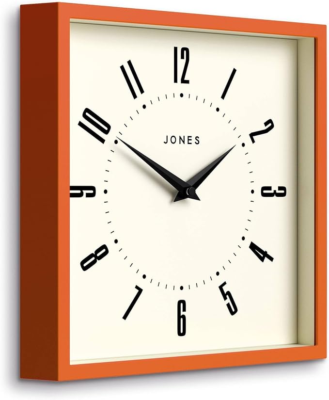 JONES CLOCKS® Box Wall Clock | Retro Square | 10 inch | Orange | Easy to Read Numbers | Perfect Kitchen or Office Clock