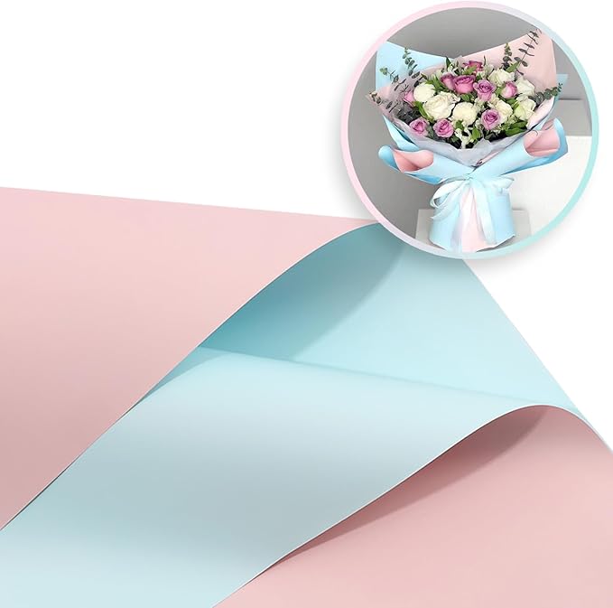 ZOOYOO Flower Wrapping Paper, Double-sided Florist Bouquet Wrapping Paper Floral Packaging for Wedding Birthday Engagement Graduation Presents DIY(Light Pink and Light Blue,20 Sheets)