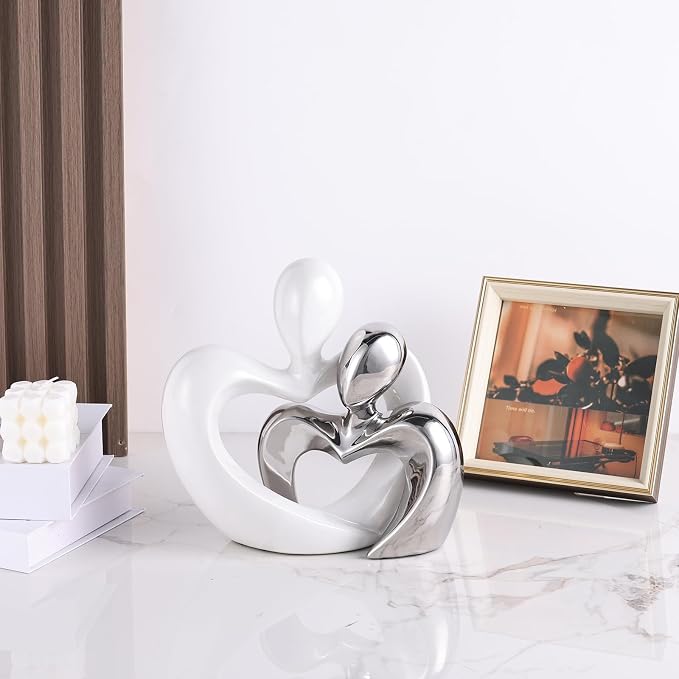 Silver Home Decor,Couple Statue Decor,Tv Stand Decor Living Room Decor Table ,Abstract Art Ceramic Statue and Sculpture,White Statues for Decor Couple Sculpture, Unusual Home Decor (White Silver)