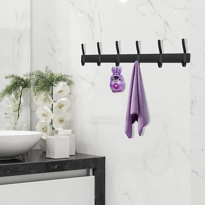 HAMUTH Black Wall Hooks, 17 Inch Coat Rack Wall Mount with 6 Hooks, Wall Hooks Heavy Duty for Hanging Backpack, Bag, Purse, Clothes, Hat, Coat, Towel | Entryway & Bathroom Storage Organization Hanger