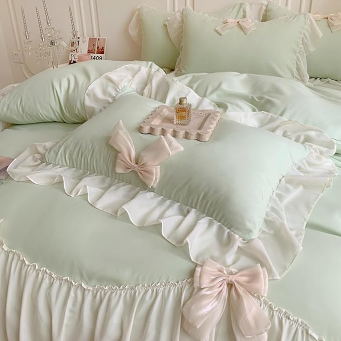 Ruffled Bedding Bow Duvet Cover Set with Butterfly Tie, Soft Brushed Microfiber Shabby Chic Bedding Set with Zipper Closure