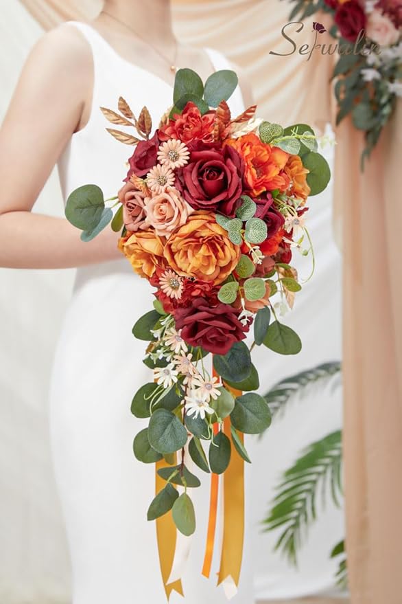 Serwalin 9.8 Inch Wedding Bouquets for Bride Bridesmaid, Orange Burgundy Dahlia Bridal Bouquets for Bride, Wedding Flowers Bouquet, Wedding Ceremony and Anniversary Decor