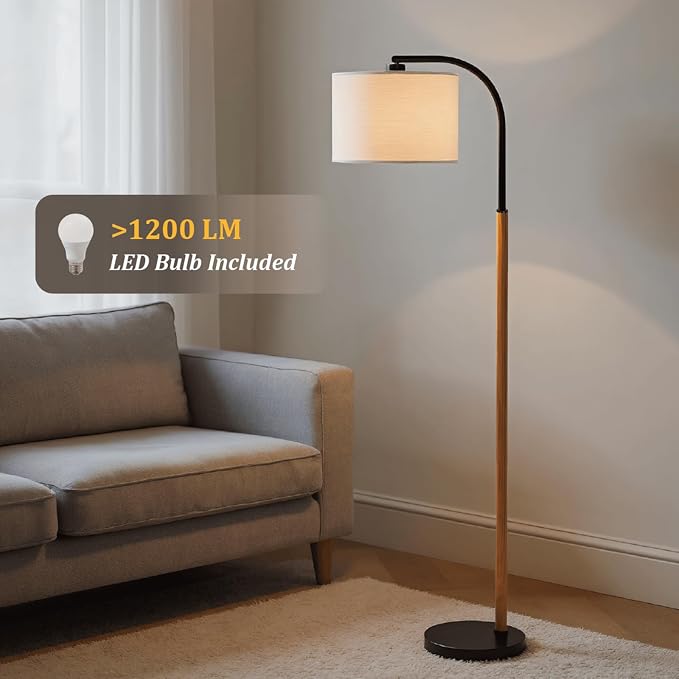 66” Brown Black Arc Floor Lamps for Living Room, 1200 Lumens 3-Level Brightness Wood Floor Lamp for Bedroom, Vintage Mid Century Black Standing Lamp, Adjustable Lampshade, LED Bulb Included
