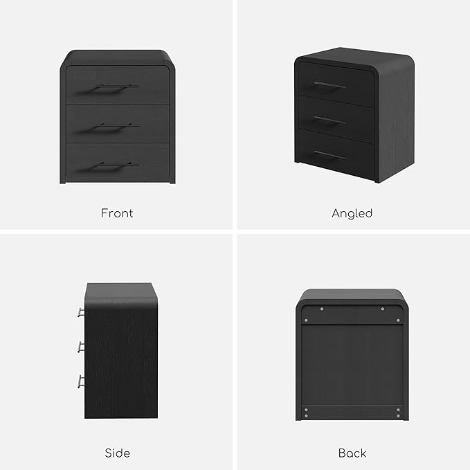 Curved 3-Drawer Nightstand Dresser Set of 2, 23.6'' Wide Modern Wood Bedside Tables with Long Metal Handles, Large Storage End Tables for Bedroom, Office, Black