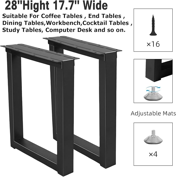 Metal Table Legs 28''Hight 17.7'' Wide Heavy Duty Iron Furniture Legs with Adjustable Protector Feet, Modern Desks for DIY Dinning Coffee Table (Rectangle Shape, 2pcs)-Black
