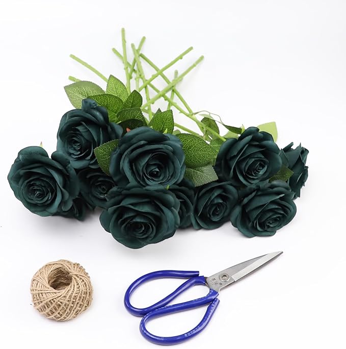 Artificial Rose Flower Artificial Flowers Flower with Long Stem Silk Roses Bouquet for Wedding Bridal Shower Party Home Decoration (Peacock Green, 30 Pcs)