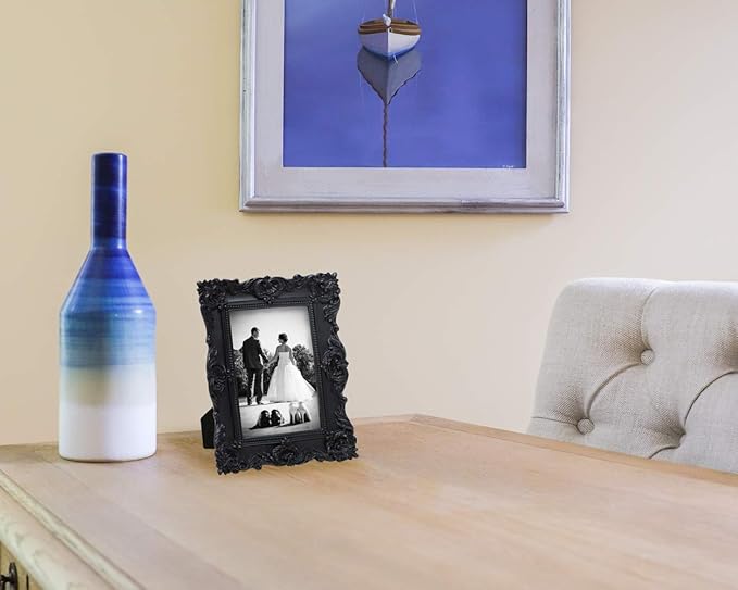 Laura Ashley 4x6 Black Ornate Textured Hand-Crafted Resin Picture Frame with Easel & Hook for Tabletop & Wall Display, Decorative Floral Design Home Décor, Photo Gallery, Art, More (4x6, Black)