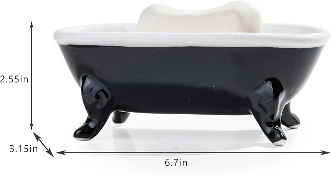 6.7" Ceramic Mini Clawfoot Bathtub Bar Soap Dish, Decorative Bar Soap Holder, Soap Tray Sponge Holder for Shower, Bathroom & Kitchen Sink (Black)