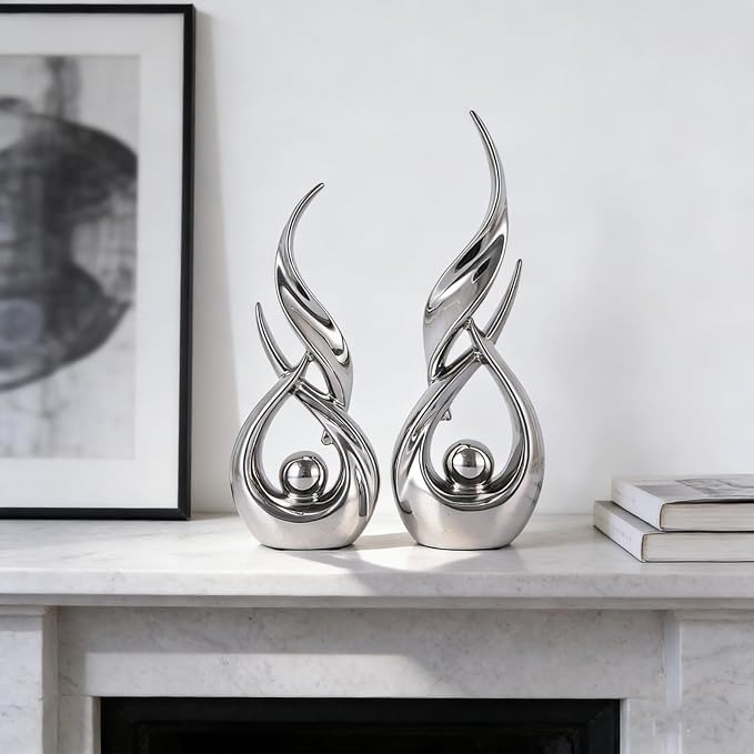 2 PCS Silver Ceramic Statues For Home Decor Accents, Modern Abstract Art Sculptures, Elegant Tabletop Decorative Objects For Dining Room, Entryway, Tv Stand, Mantel, Coffee Table Centerpieces
