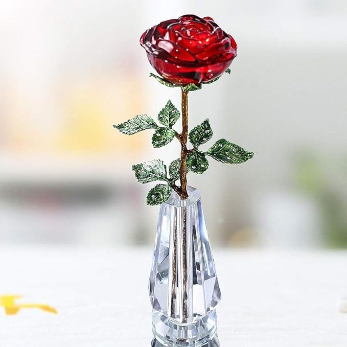 HDCRYSTALGIFTS 10'' Crystal Rose Flower Figurine Collectible Flower Gifts for Women,Crystal Glass Flower Collectible Ornaments for Christmas Home Table Centerpiece