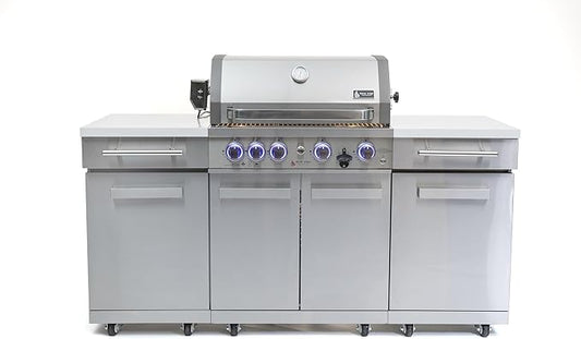 Mont Alpi MA-957RS Propane Natural Gas 5-Burner Compact Outdoor Kitchen Gas Barbecue Grill Island in Stainless Steel with Infrared Rear Burner + Storage Cabinets + Rotisserie Kit & Full Weather Cover