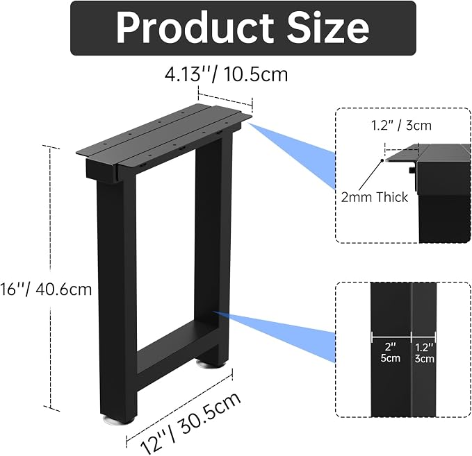 TOCRETOARE Metal Table Legs Heavy Duty, 16”H x 12”W, Metal Furniture Legs for Dining Desk Bench and Coffee Table, Industrial Black DIY Iron Bench Legs, Set of 2