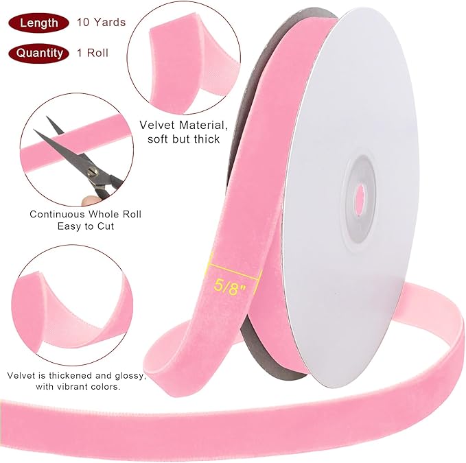 10 Yards Pink Velvet Ribbon for Christmas Tree,5/8 Inch Velvet Christmas Ribbon for Gift Wrapping Crafts Bow Wreath Holiday Decorations (Pink)