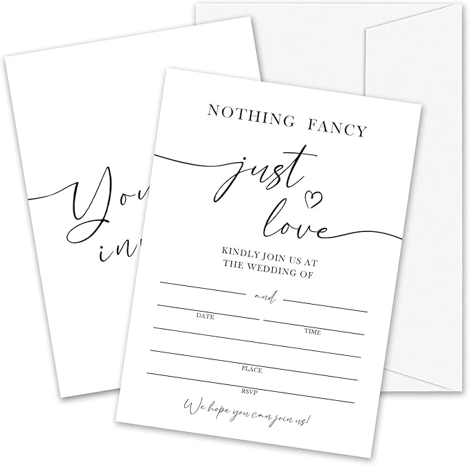 Minimalism White Wedding Invitations, 5"x 7" Nothing Fancy Just Love Wedding Invites Card With Envelopes, 25 PCS for Party Decorations and Supplies - A10