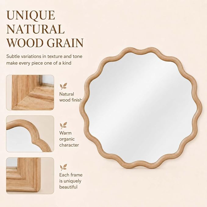 Majnesvon 20x30 Inch Asymmetrical Wall Mirror Wood,Rustic Irregular Shaped Vanity Mirror for Bathroom,Bedroom, Living Room, Entryway, Fireplace,Wall Decor,Solid Wooden Frame (Natural Wood, 20" x 30")