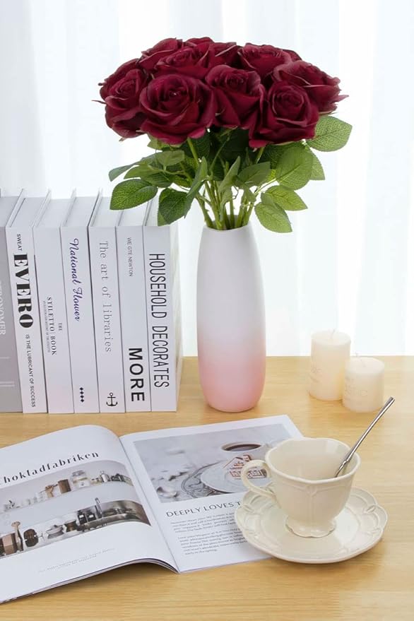 Artificial Rose Flower Artificial Flowers Flower with Long Stem Silk Roses Bouquet for Wedding Bridal Shower Party Home Decoration (Burgundy, 12 Pcs)