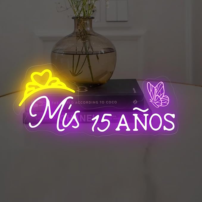 Mis 15 Anos Neon Sign, Sweet 15 Quince Party Sign with Dimmer Switch, Birthday Party Decor, Quinceanera Party Sign, Preppy Room Decor,Birthday Party Home Decorations, Mitzvah Gift-Purple