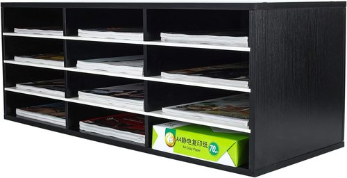 PAG Mail Sorter - Wood Countertop Literature Organizer with 12 Compartments | Black & White Design