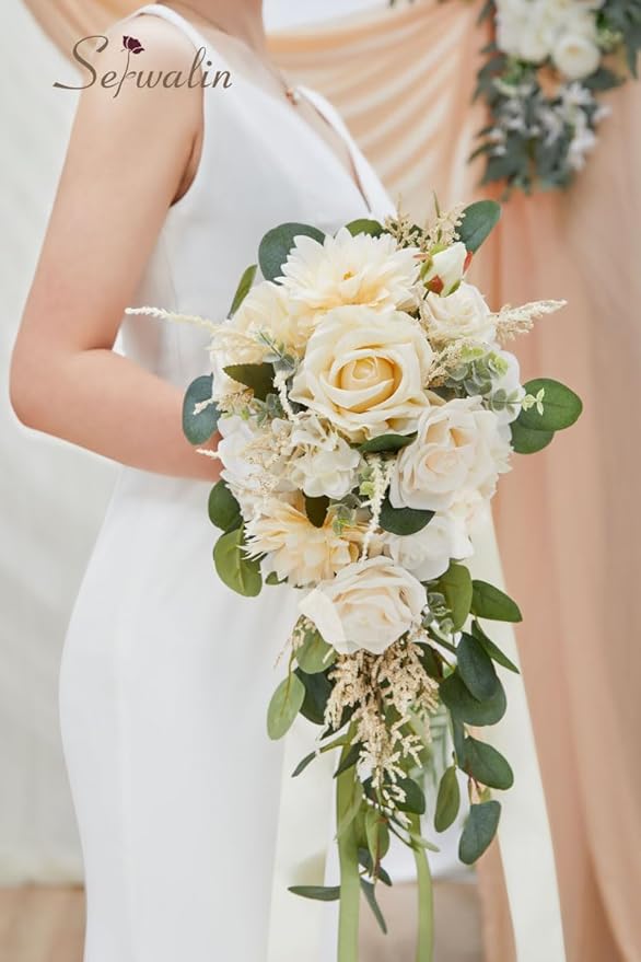 Serwalin 9.8in Wedding Bouquets for Bride, Boho Champagne Roses & Dahlia Flowers for Wedding Decoration
