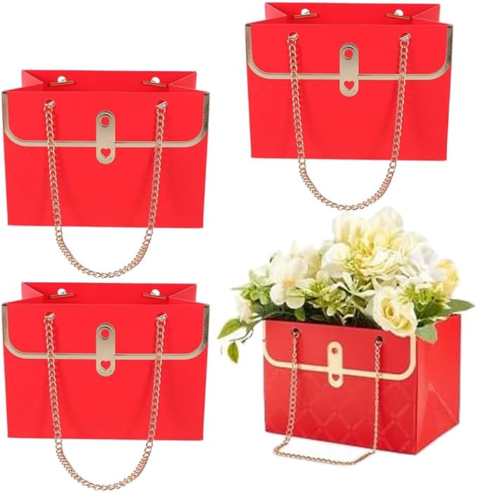 NADUSEP 4 PCS Flower Paper Gift Bag Bouquet Storage Bucket, Florist Flower Hand bag with Metal Chain Gift Case for Gifts Wrapping Supplies Bulk Mother's Day Valentine's Day Women's Day (Red)