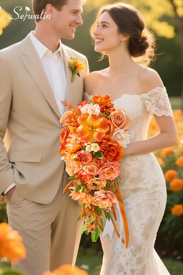 Serwalin 11 Inch Wedding Bouquets for Bride Bridesmaid,Fall Cascading Orange Bridal Bouquets for Bride,Wedding Ceremony and Anniversary Day Decor