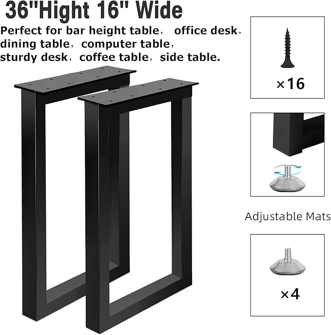 36 Inch Metal Bar Table Legs, Heavy Duty Desk Dinning Table Legs with Adjustment Feet Pads DIY Furniture Feets, Set of 2,Black