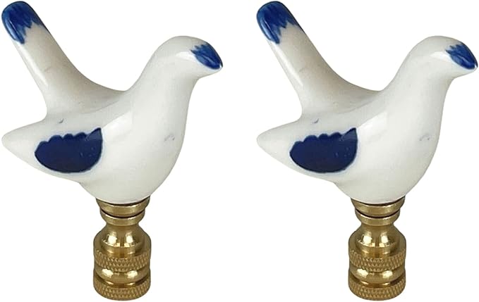 Royal Designs, Inc. Porcelain Bird Finial for Lamp Shade, Polished Brass, Blue & White, Pack of 2