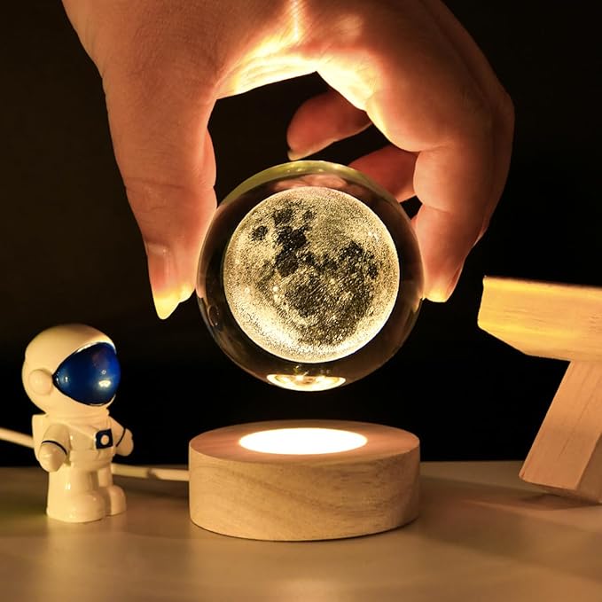 3D Moon Crystal Ball with LED Stand, Moon Figurine Decor Glass Sphere Lamp, Space Planet Globe Night Light Gifts for Women Men Mom Kids