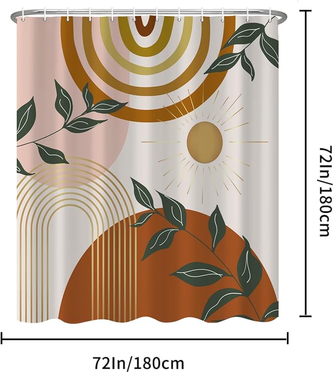 Boho Shower Curtain Mid Century Modern Shower Curtains For Bathroom Orange Minimalist Abstract Geometric Bohemian Shower Curtain Set Plant Botanical Leaf Fabric Bathroom Curtain 72x72 Inches