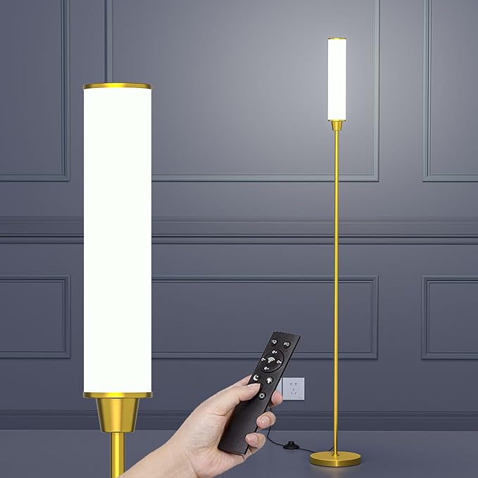 Nukanu Floor Lamp with Remote Control,Bright Floor Lamps for Living Room/Bedroom/Office, Stepless Adjustable 3000K-6000K Colors and 10-100% Brightness,Standing Light with Foot Switch (Brass Gold)
