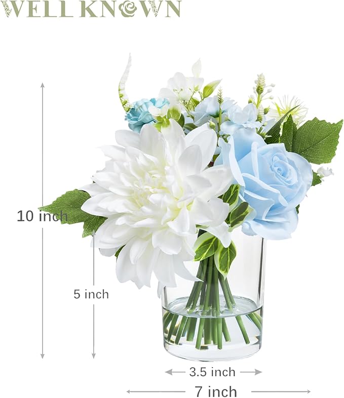 WELL KNOWN Artificial Flowers in Glass Vase with Fake Water, Silk Rose Dahlia Flower Bouquet for Home Dinning Tea Table, Office Desktop, Hotel, Wedding, Party, Lavatory Decor & Gift (Blue & White)