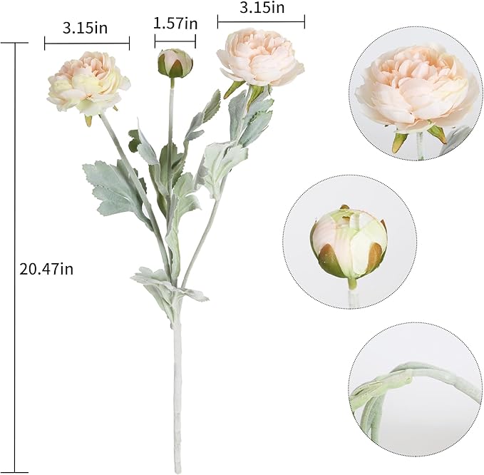 IPOPU Champagne Fake Peonies Artificial Ranunculus Flowers 6pcs 18Heads Champagne Silk Flowers 20.47" Artificial Flowers Bulk for Faux Floral Arrangements Home Table Decor