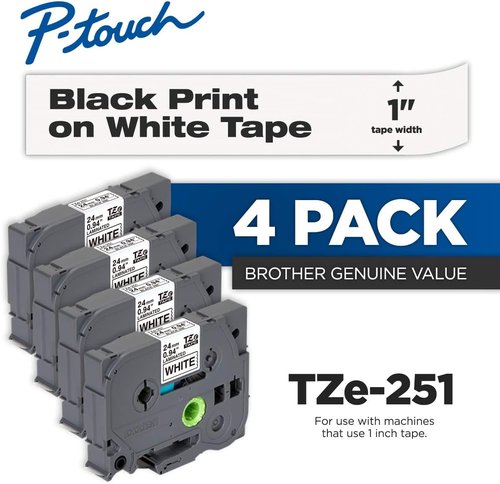 Brother Genuine P-Touch Laminated Tape - Black Print on White | 0.94" Wide, 26.2 ft Long, 4-Pack