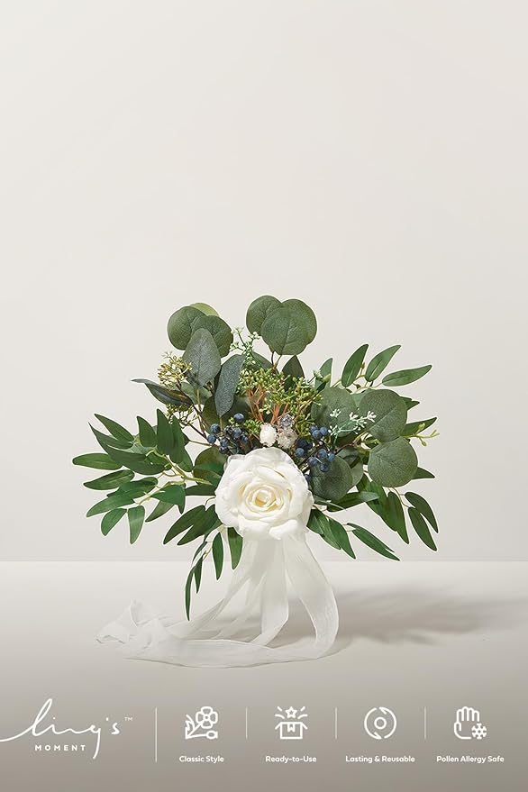 Ling's moment Artificial Flowers White Bridesmaid Bouquet, White and Sage Wedding Flowers Bouquets for Bridesmaids, 7 Inch Bridal Bouquets for Bridesmaids, Wedding, Ceremony, Anniversary, etc