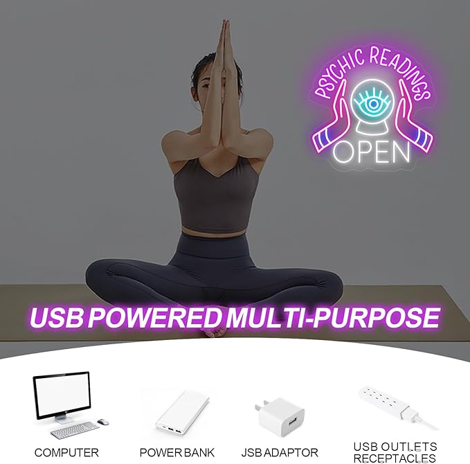 Psychic Readings Open Neon Sign, Palm Reader Wall Light, Home Wall Decor, Yoga Led Sign, Exercise Room Wall Decor, Pilates Studio Art Meditation Room Wall Art Psychic Chakras Healing Exercise