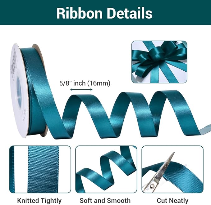 YAMA Double Face Satin Ribbon - 5/8" 25 Yards for Gift Package Wrapping,Floral Design,Hair Bow Clip Making,Crafting,Sewing,Wedding Decor, Teal