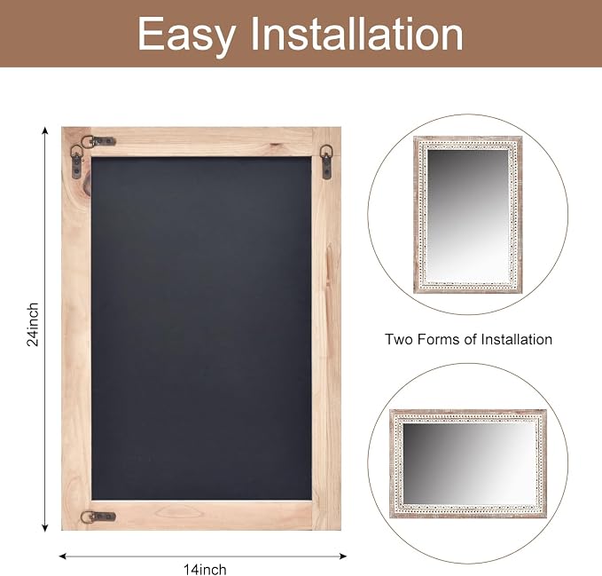 24'' Rectangular Wall Mounted Mirror, Wood Decorative Mirrors, Boho Mirrors with Beaded Frame, Rustic Vanity Mirror, Distressed Mirror for Bathroom, Living Room, Bedroom, Entryway