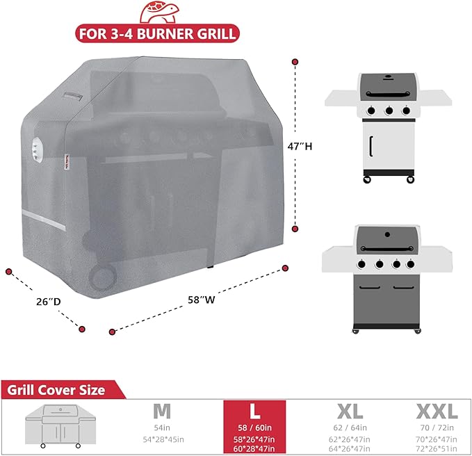 Turtle Life BBQ Grill Cover, 58 Inch Heavy Duty Waterproof 3-4 Burner Barbecue Gas Grill Covers for Weber Spirit Char-Broil Performance and Signature, Gray