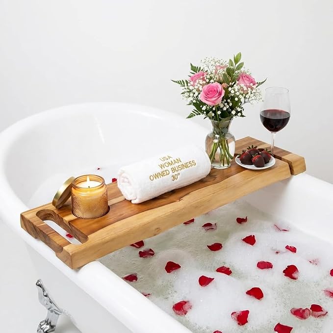 EcoDecors Eleganto 30" Live Edge Solid Teak Bath Caddy Tray with Handle, Book & Tablet Holder, Wine Glass Holders, Luxury Bathtub Tray