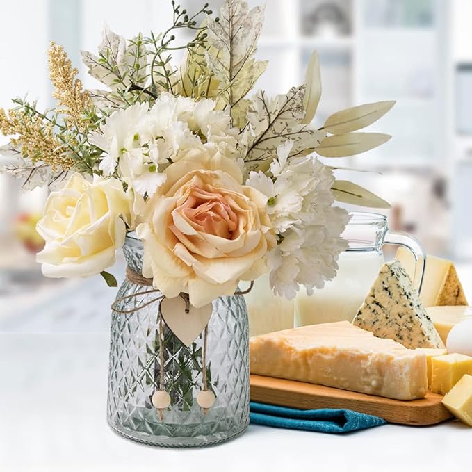 Silk Rose Flowers in Vase, Artificial Flowers Arrangement with Glass Vase Faux Hydrangea Rose for Decoration Table Centerpiece (Hydrangea Rose)